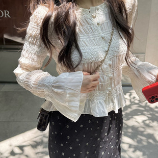 香榭丽舍 衬衫 通勤早秋法式 亮片长袖 蕾丝花边褶皱长袖 张羞羞