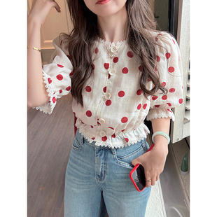 衬衫 张羞羞 复古波点蕾丝收腰通勤苎麻短袖 法式 微醺红酒