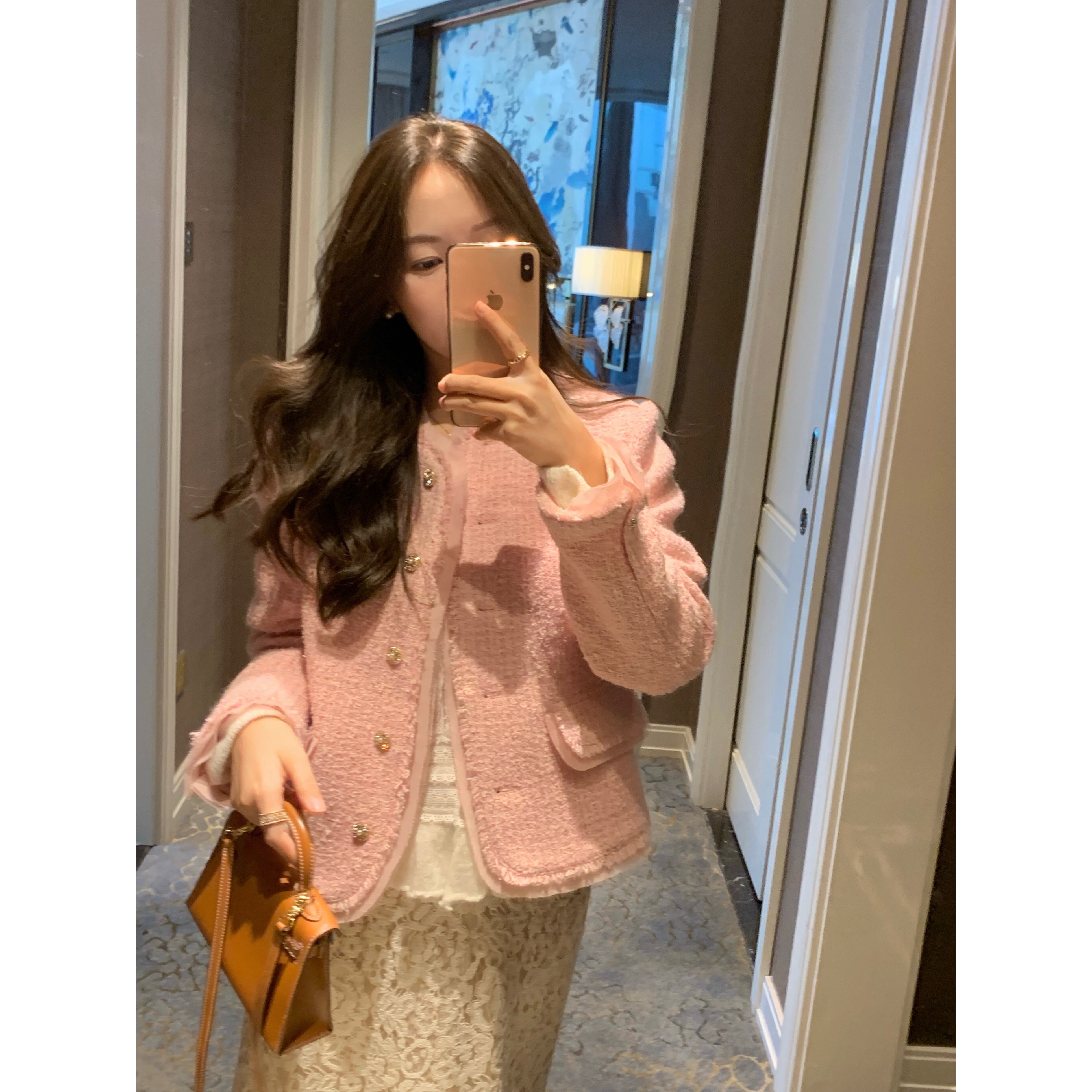 张羞羞 Camellia/羊毛编织金扣韩系花边拼接小香短外套女秋冬