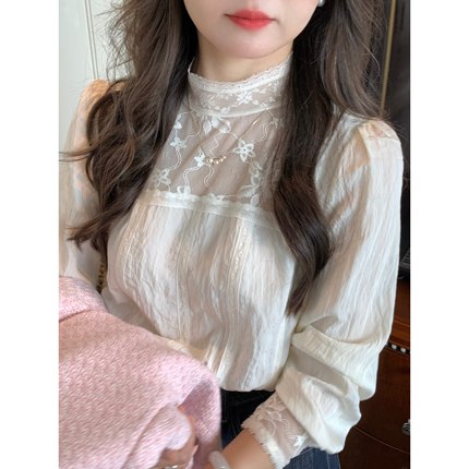 张羞羞 洛可可蕾丝/立领花边韩系通勤蕾丝长袖衬衫