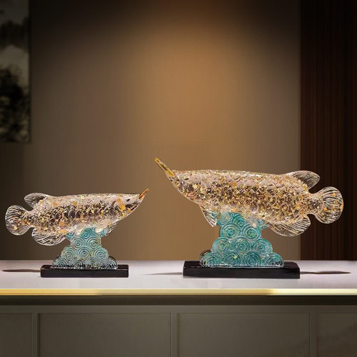 新中式鱼跃龙门金箔水晶龙鱼摆件工艺品客厅商务办公室乔迁开业礼