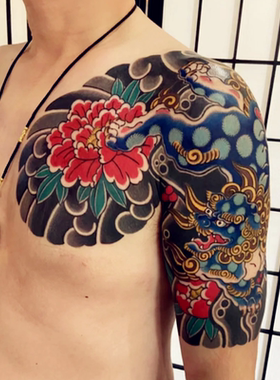 半甲老传统日式牡丹樱花唐狮彩色花甲纹身贴社会男女防水持久逼真