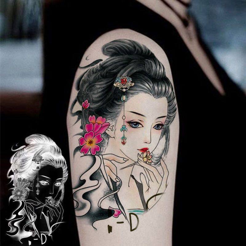 纹身贴男女款防水持久花臂个性性感美女艺伎花旦仿真手臂彩色贴纸