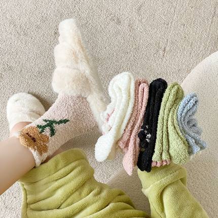 珊瑚绒袜子女跨境地毯加绒袜冬季加厚地板睡觉毛绒袜子半边绒
