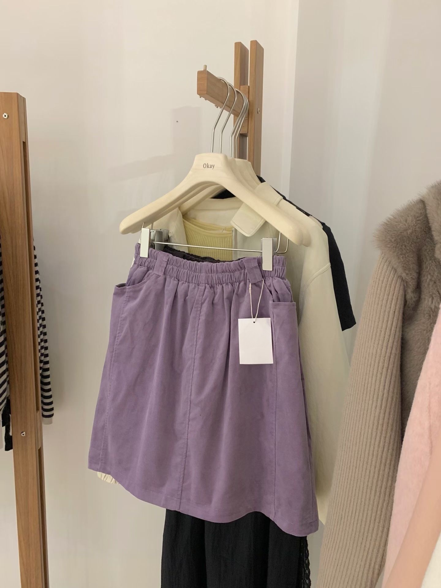 实拍韩版灯芯绒松紧腰口袋半身裙简约复古百搭显瘦短裙女