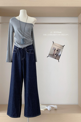 清不退不换原色牛仔裤春季休闲中腰直筒百搭低腰阔腿微喇长裤