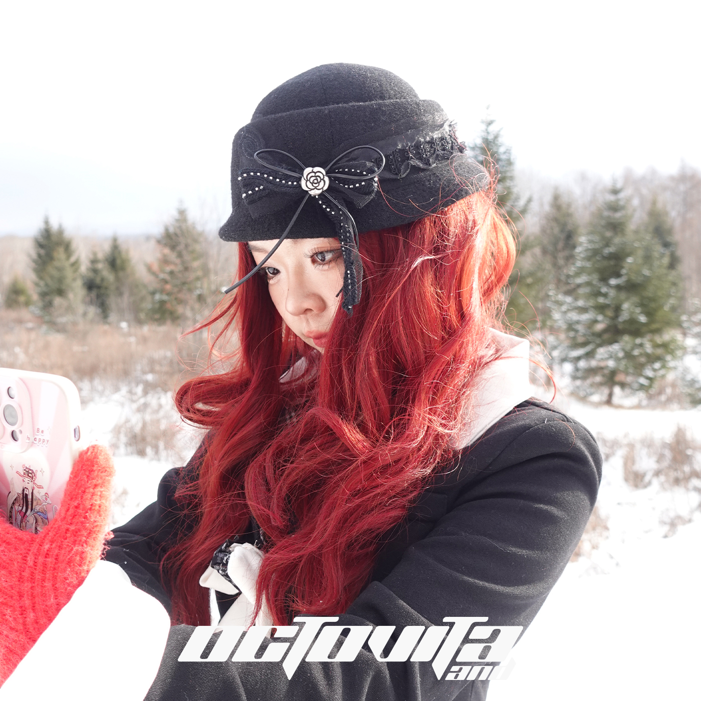 OCTO VITA复古赫本风黑色蕾丝边盆帽女秋冬法式名媛气质针织帽子