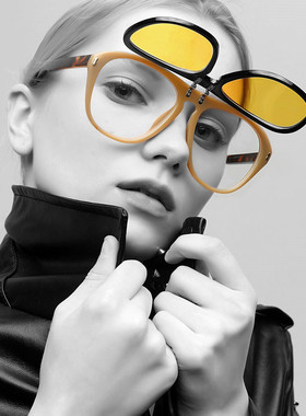 MOJ双层翻盖复古防晒眼镜太阳镜女大框黄色透明镜片情侣蛤蟆镜男