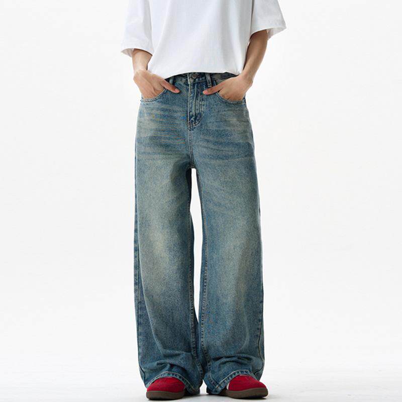 SWTF男装 美式复古水洗猫须牛仔裤男女宽松cleanfit阔腿直筒长裤