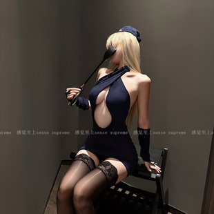 Sense「私家空乘」深蓝修身显瘦诱惑qq内衣纯欲挂脖辣妹包臀裙女