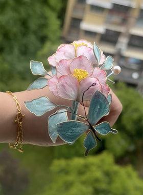 非遗掐丝绒花牡丹古风汉服胸针