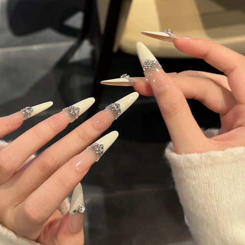 浪妞美甲贴银月芭蕾感温柔乳白法式精品碎钻链条轻奢高品质穿戴甲