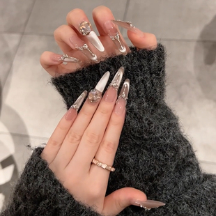 浪妞纯手工美甲贴冰透裸色微笑猫眼合金链条精品K9仙女酵母穿戴甲