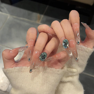 浪妞美甲贴鲛人泪梦幻泪滴马眼钻微笑猫眼浅翠蓝鸽子蛋堆钻穿戴甲