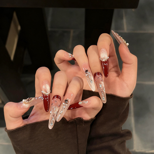 浪妞美甲贴丝绒布朗尼复古风爆闪追光猫眼酒红法式锆石贴钻穿戴甲