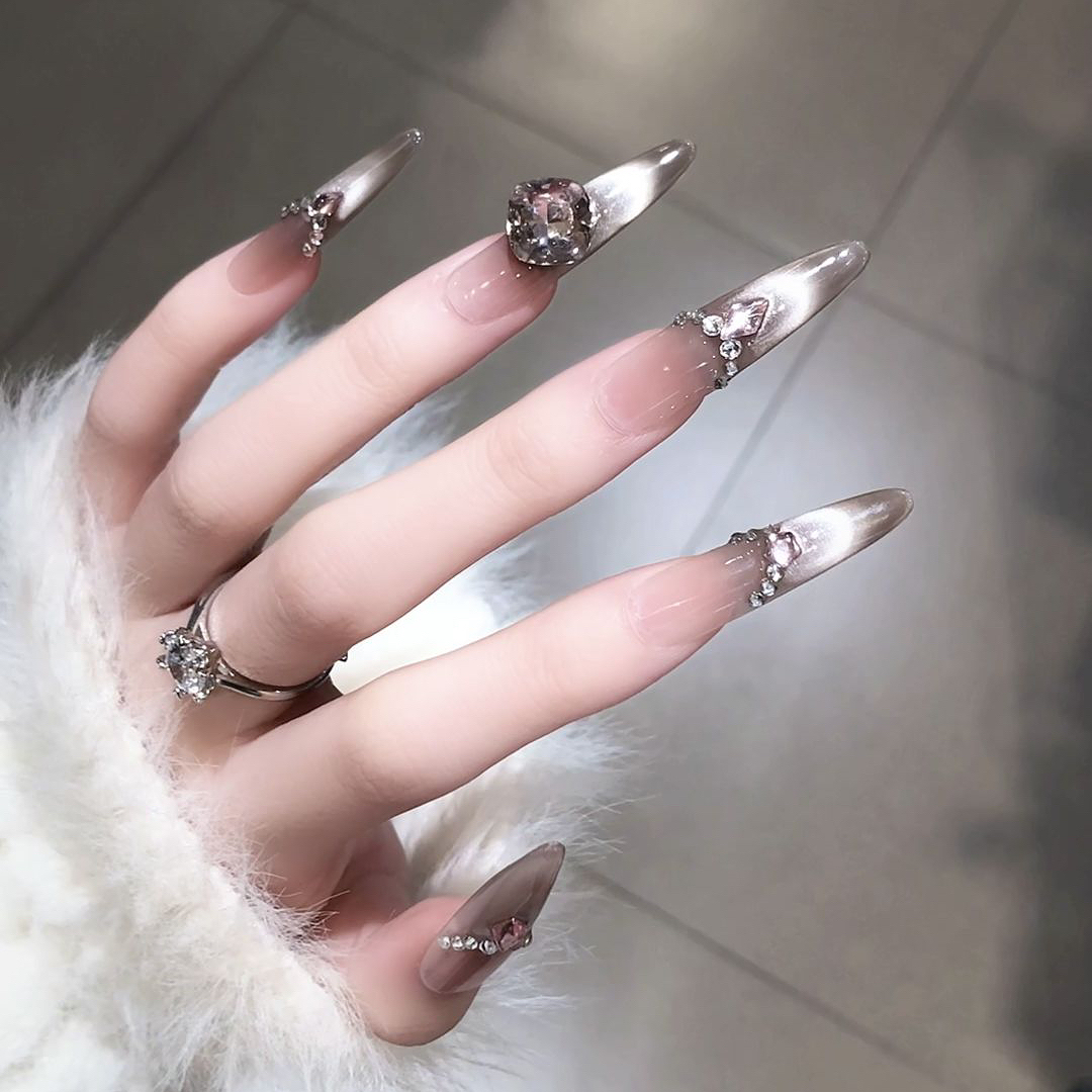 浪妞高端纯手工穿戴甲显白冰透渐变微笑猫眼法式粉色肥方柿子冻冻