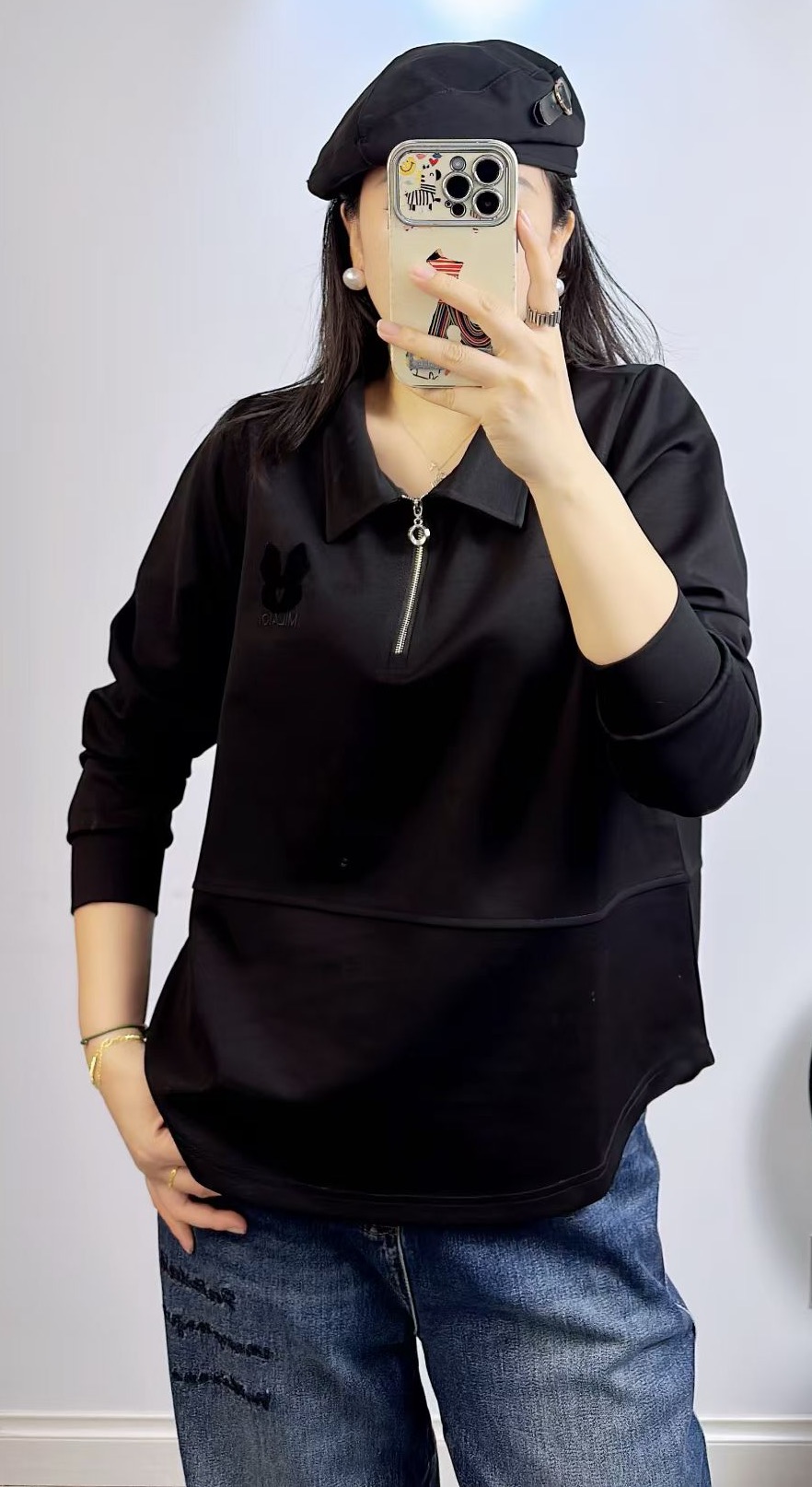 米莱奇5878秋加大码卫衣 半拉链长袖polo衫宽松显瘦打底衫