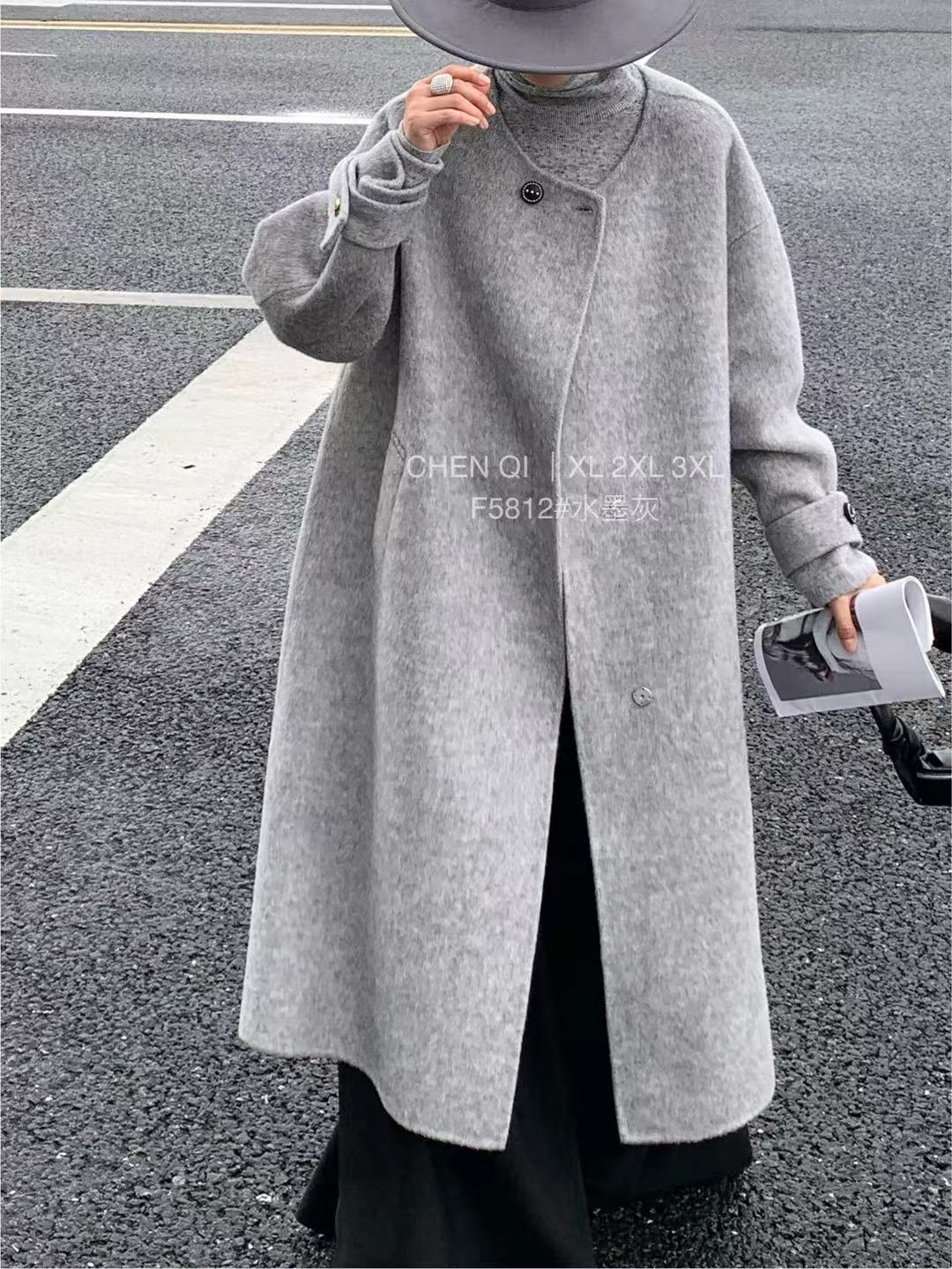 宸祺5812冬季加大码羊毛大衣女 圆领长款双面羊毛呢子外套