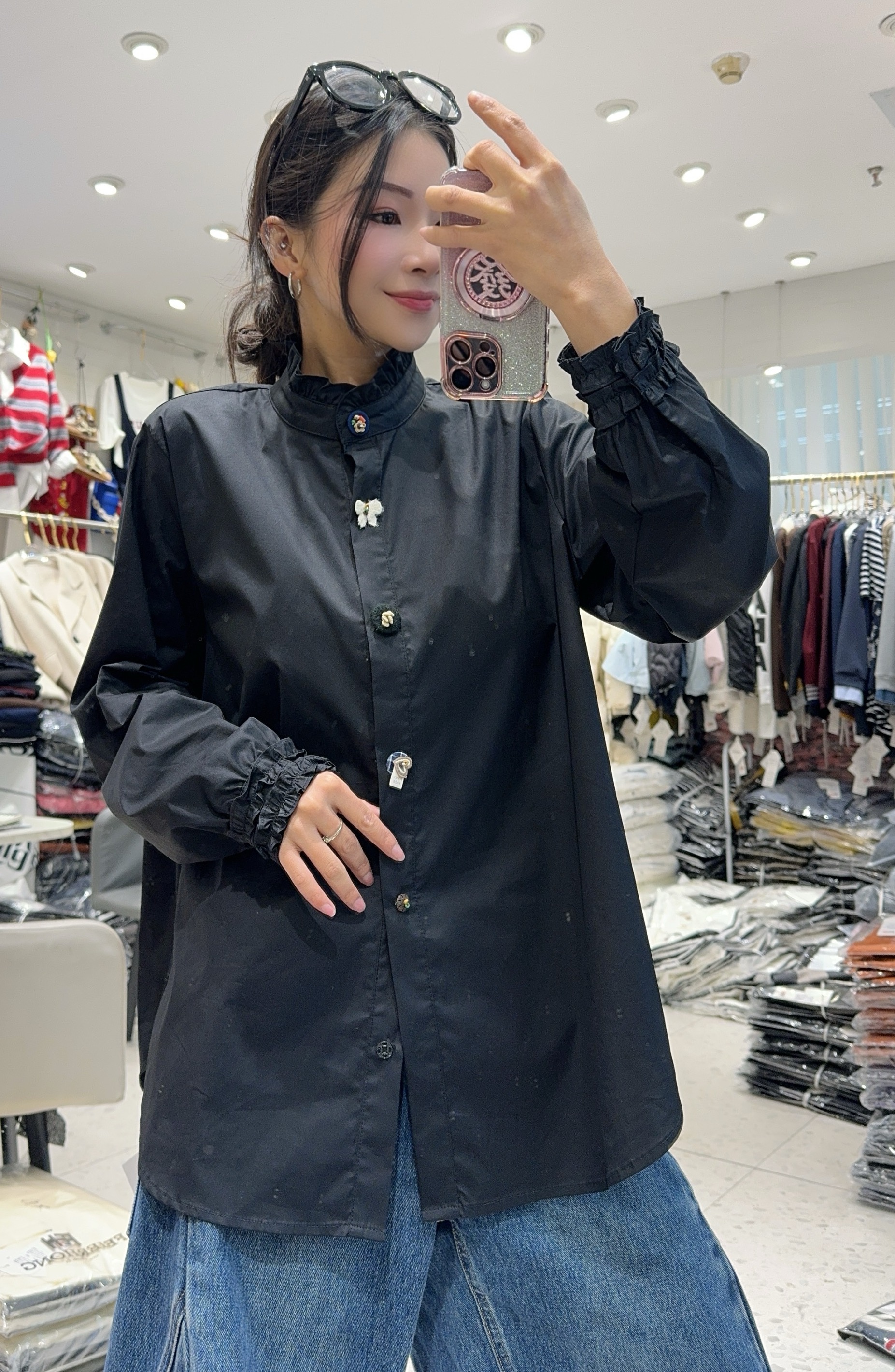 妃儿红5027秋冬加大码衬衫女 法式立领荷叶边彩色纽扣衬衫