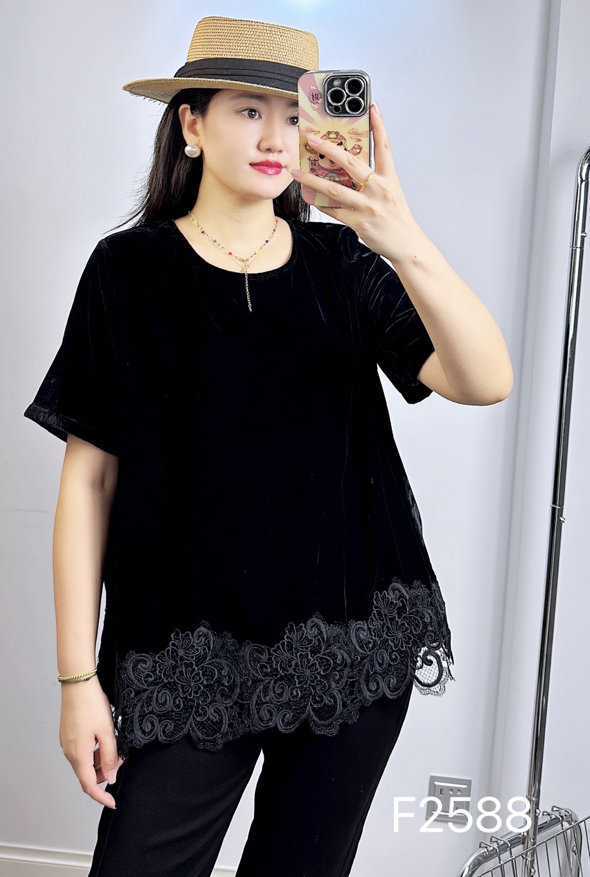 妃儿红2588秋加大码女装 拼接蕾丝丝绒短袖衫女