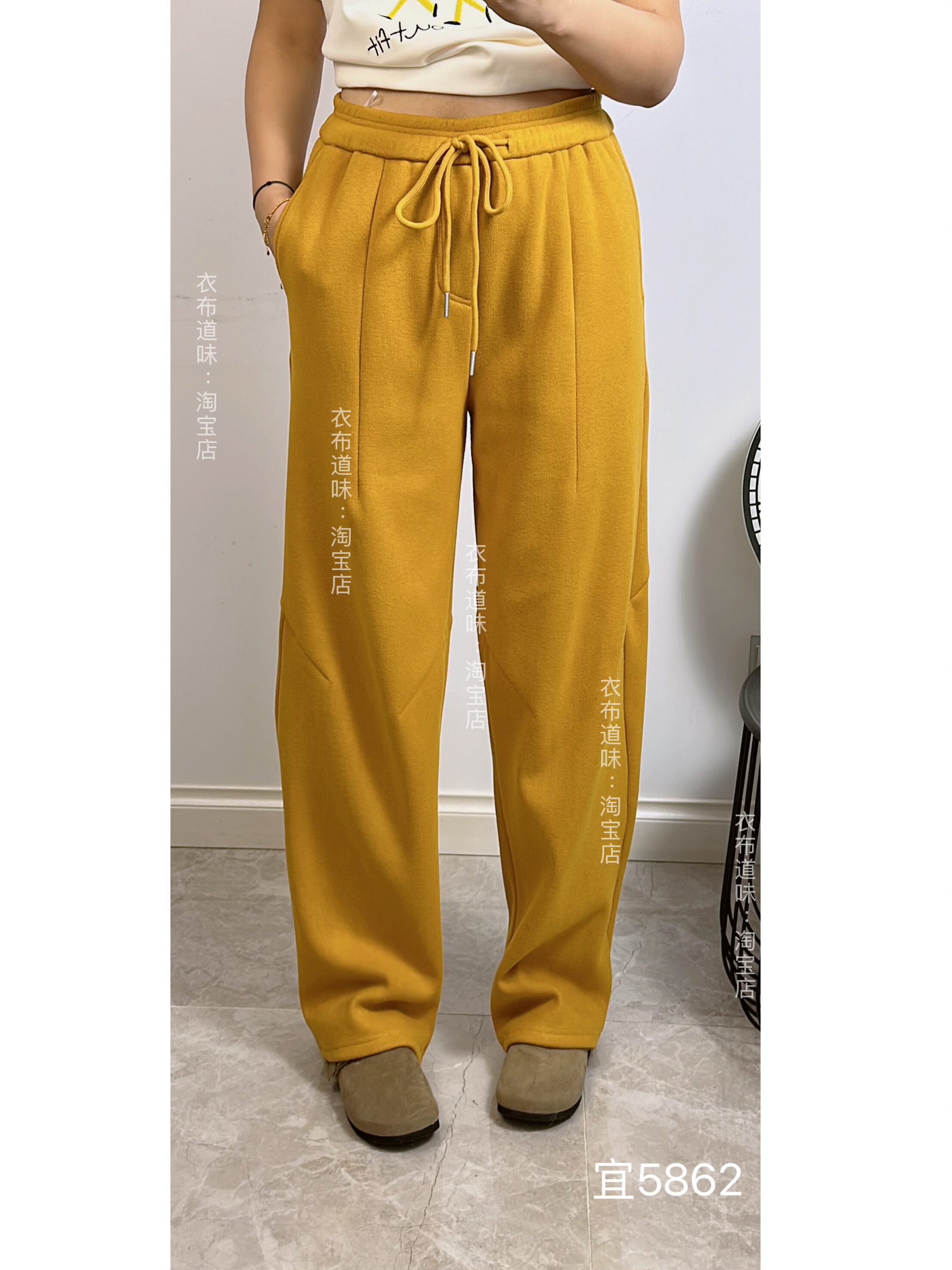 宜语析5862冬季加大码加绒弯刀裤 高腰抽绳宽松百搭休闲卫裤