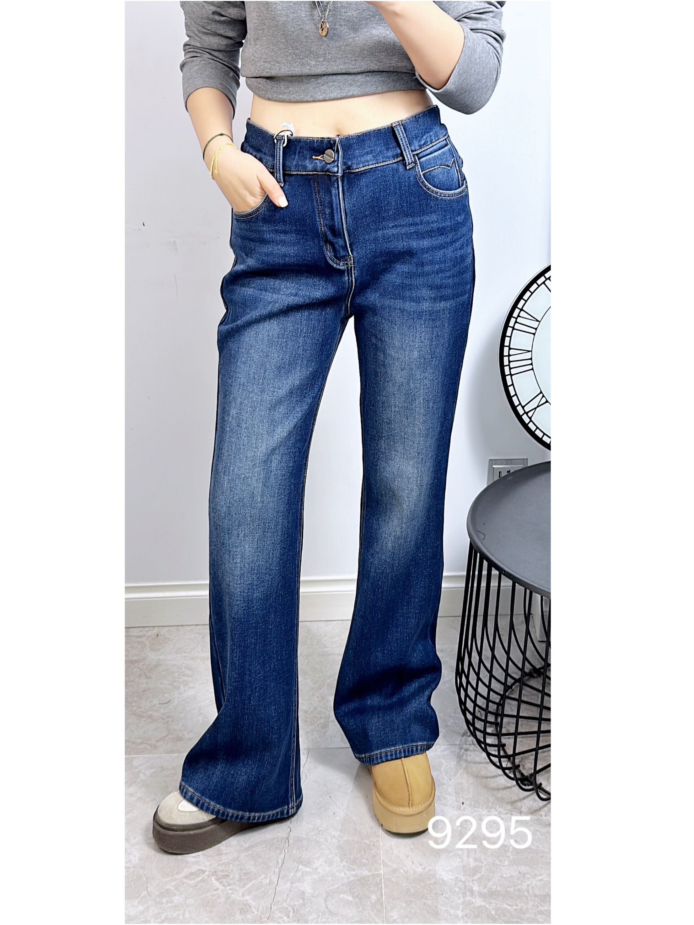 诺达思9295冬加大码加绒微喇牛仔裤 宽松百搭休闲弹力拖地长裤