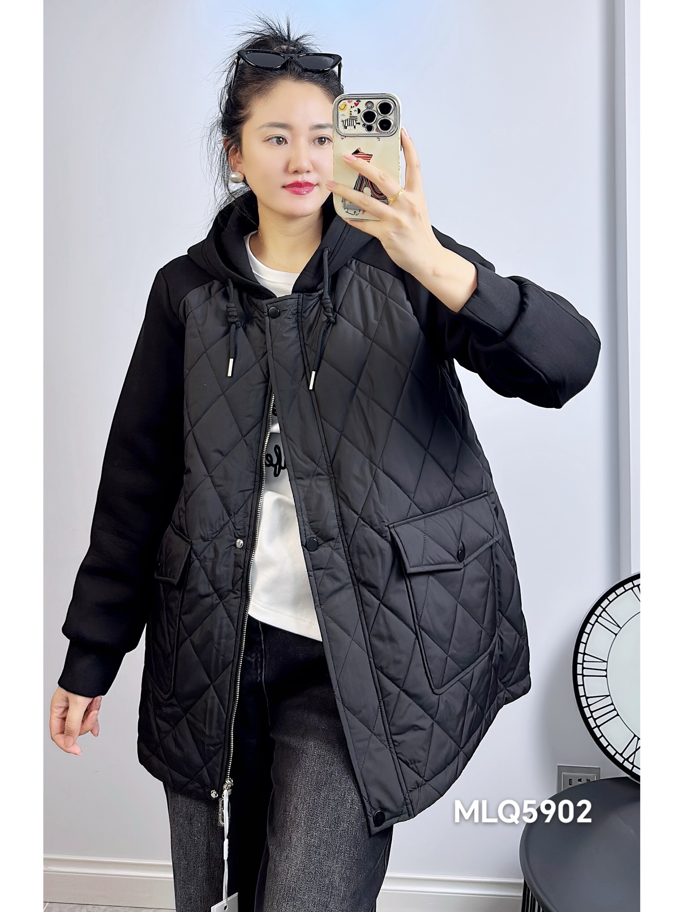 米莱奇5902冬加大码轻薄棉服女 空气棉拼接连帽棉服外套