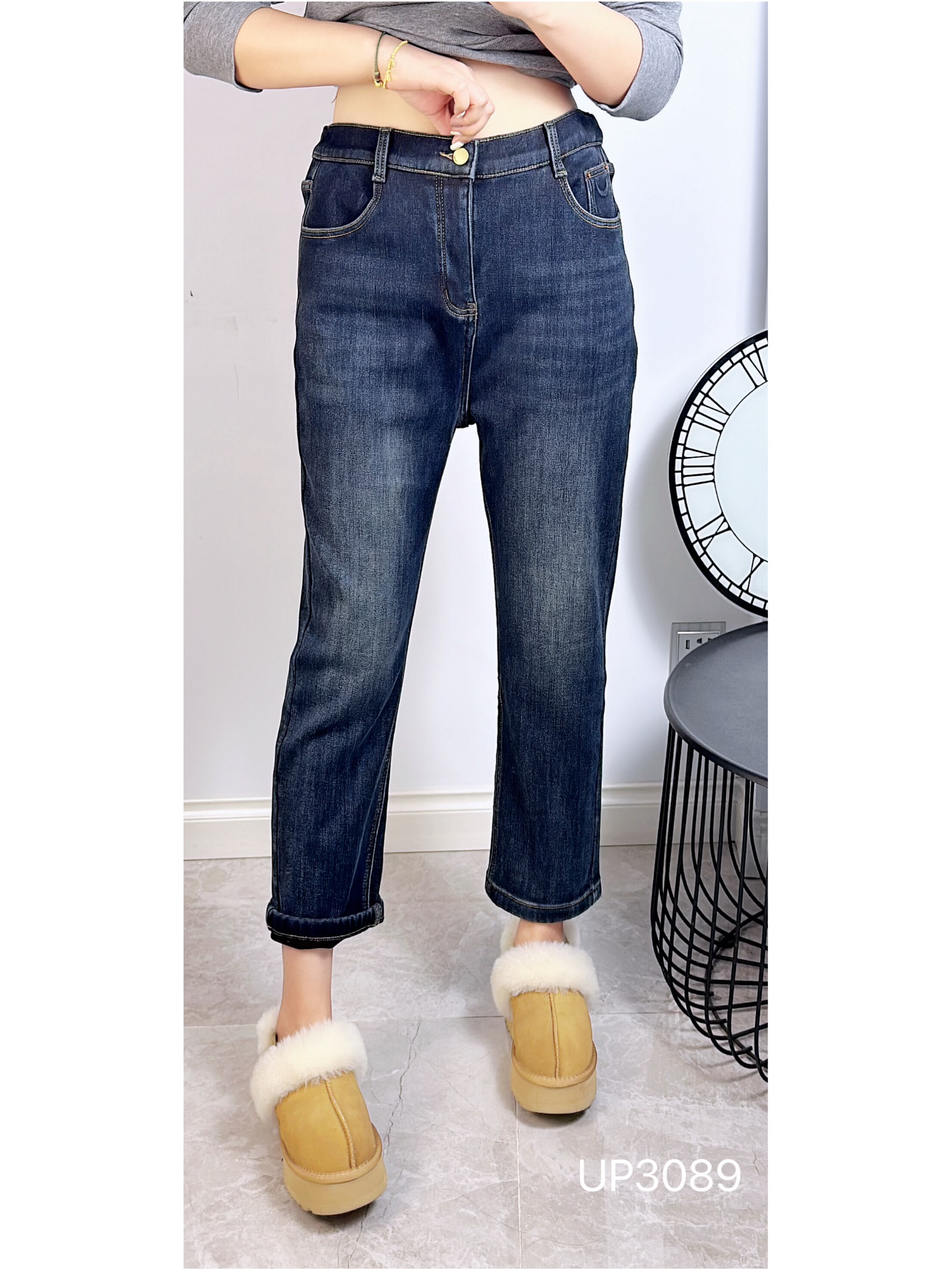 UP潮牌3089冬加大码加绒烟管裤  高腰弹力休闲九分牛仔裤