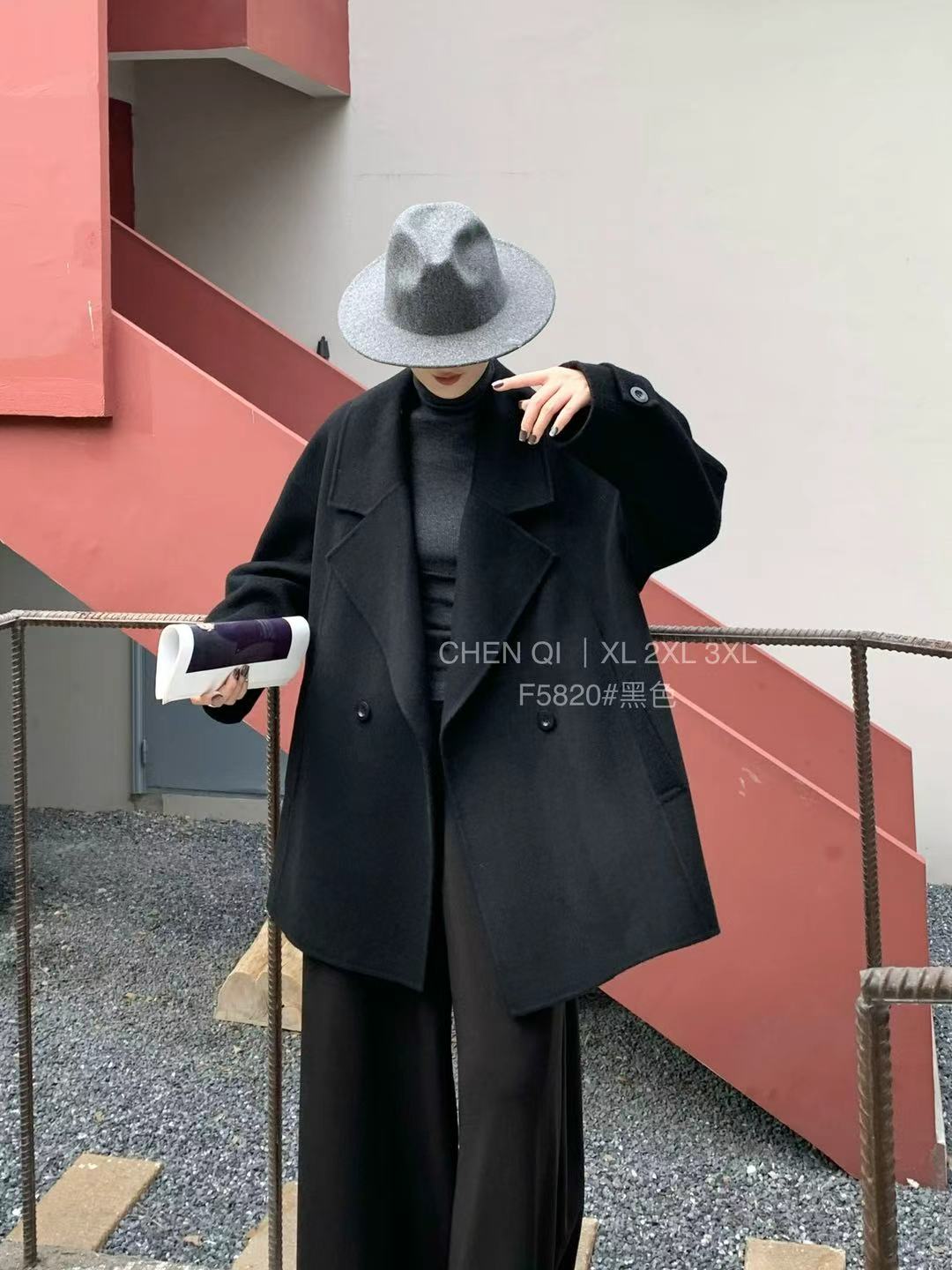 宸祺5820冬季加大码羊毛大衣女 西装领宽松中长款羊毛呢外套