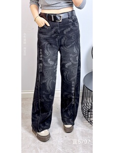 宜语析5797冬季加大码加绒牛仔裤 高个子复古印花弯刀阔腿长裤