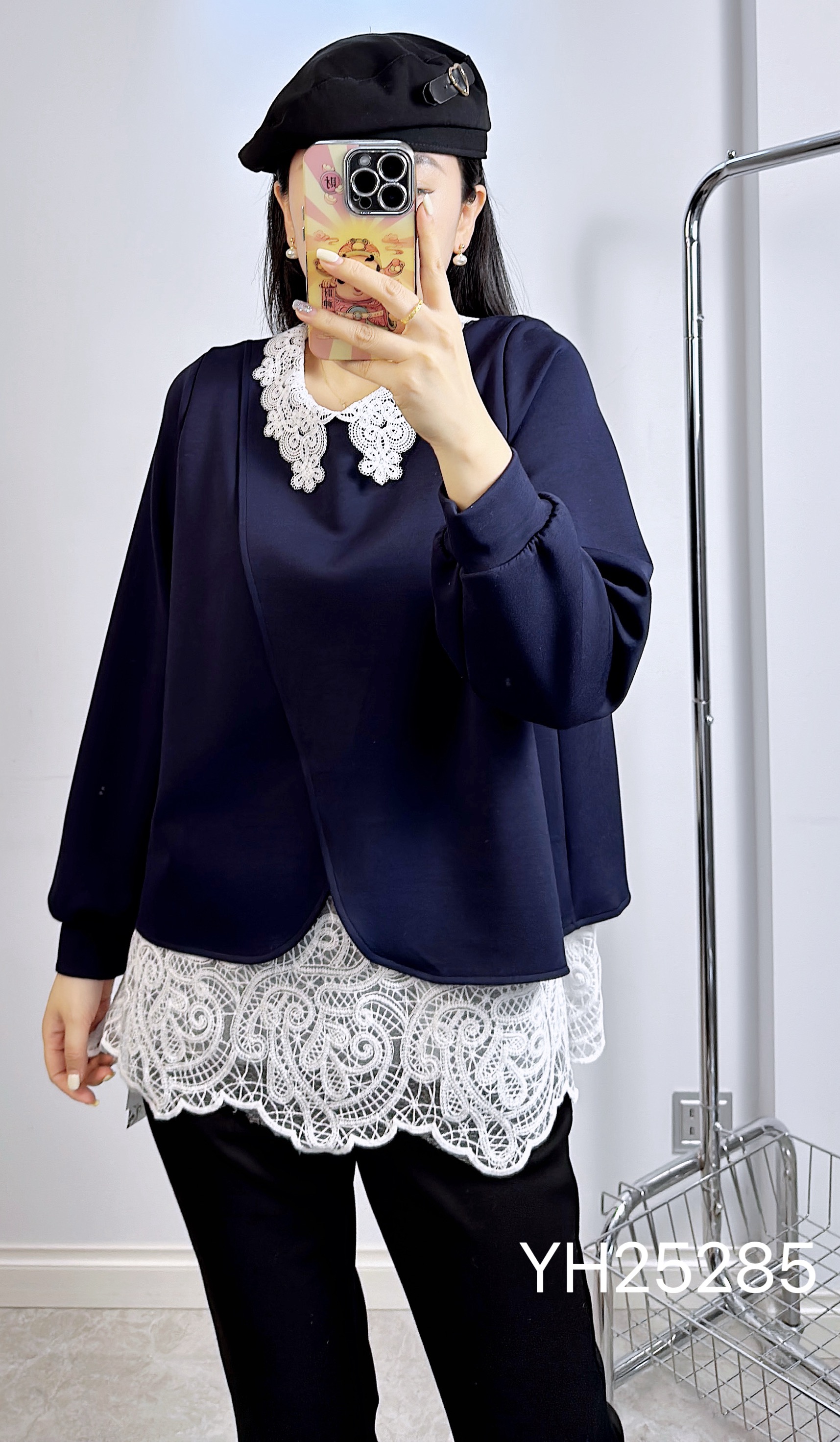 香港芸卉25285冬季加大码卫衣 蕾丝拼接polo领洋气减龄假两件上衣