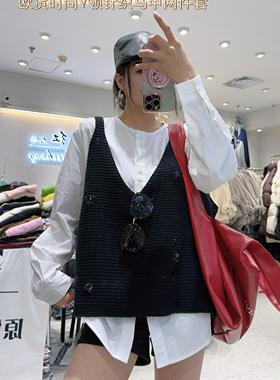 妃儿红5159春加大码套装女 长袖衬衫+针织马甲时尚洋气上衣两件套