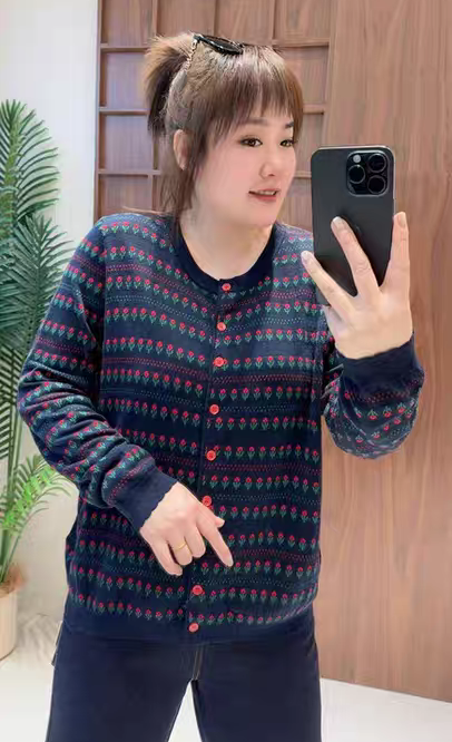 妃儿红3789秋加大码针织衫女 圆领新款藏蓝色条纹毛衣开衫