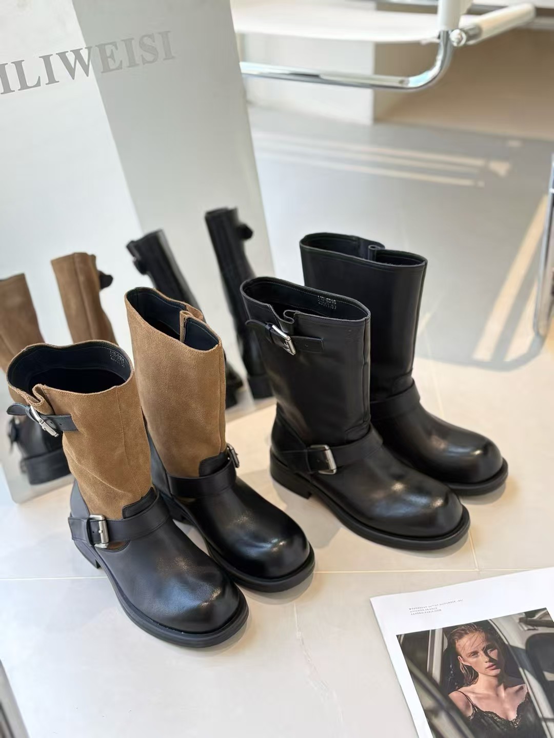 爱丽维斯手工定制头层牛皮短靴女2026新款皮带扣中筒靴女粗跟复古