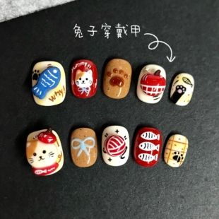 兔子穿戴甲原创美甲猫咪手绘立体鱼美甲可爱卡通雕花可拆卸秋冬