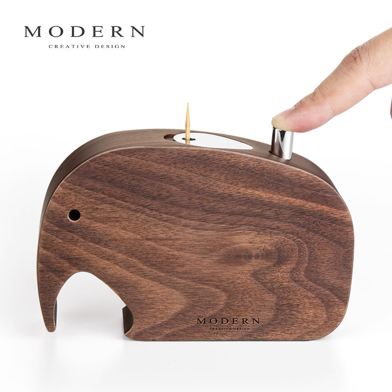 德国MODERN轻奢胡桃木制大象牙签盒按压式创意可爱装饰摆件样板房