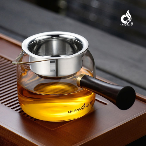创典耐热玻璃茶器侧把木柄公道杯