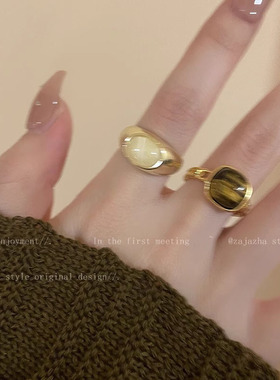 Loga.Py 琥珀色天然石装饰戒指女复古小众设计食指戒中古指环百搭