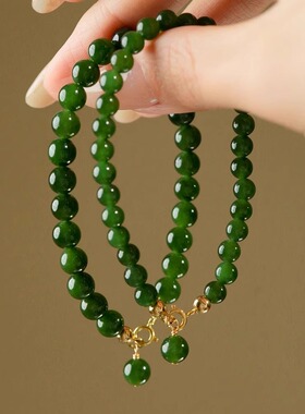 Loga.Py 碧玉菠菜绿手串女款小米珠翡翠绿玉石手链女2025新款国风