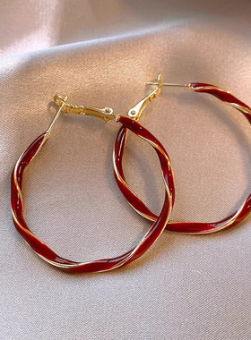 Loga.Py 红色纽纹大圈圈耳环2025新款耳圈女夸张轻奢高级感耳饰品