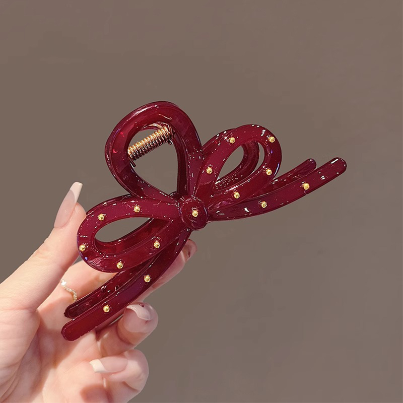 Loga.Py 红色蝴蝶结发夹设计感小金珠大号鲨鱼夹时尚百搭盘发抓夹