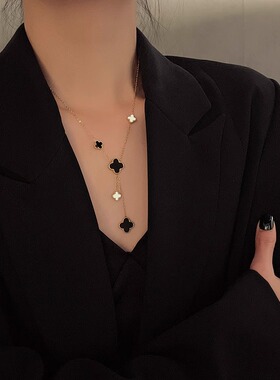 Loga.Py大小双面四叶草项链女锁骨链流苏吊坠时尚个性饰品百搭