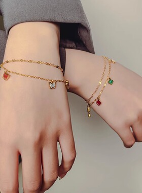 Loga.Py 夏季新款四叶草手链女双层蝴蝶扇形轻奢小众精致手饰设计