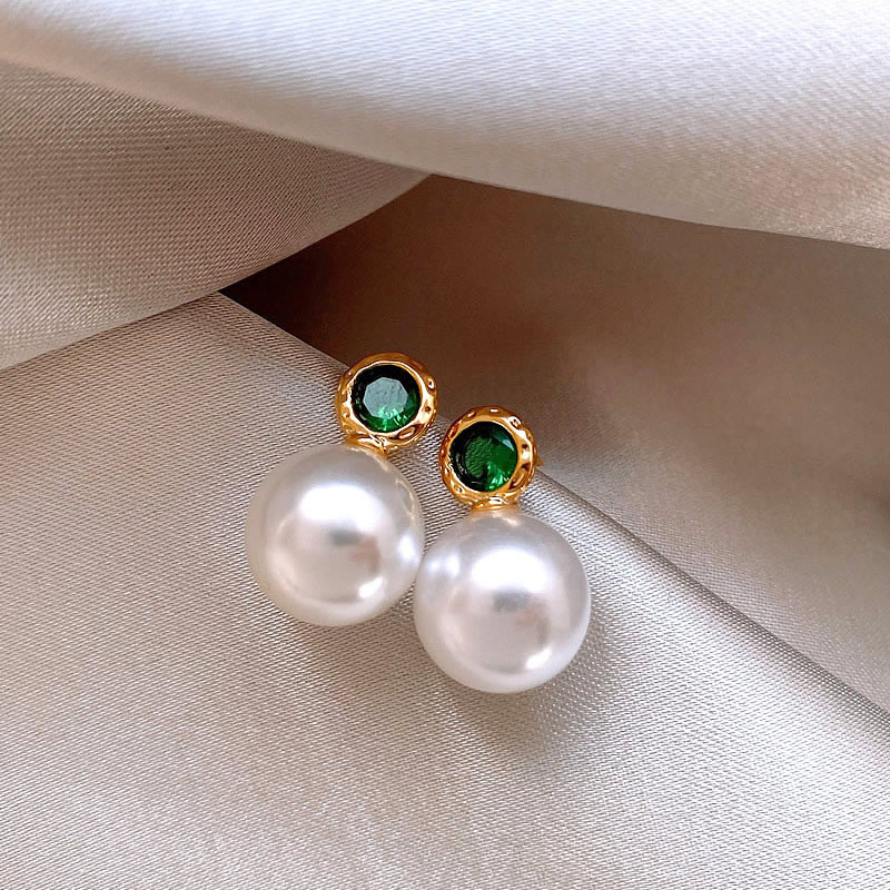 绿色镶钻复古气质珍珠耳钉女