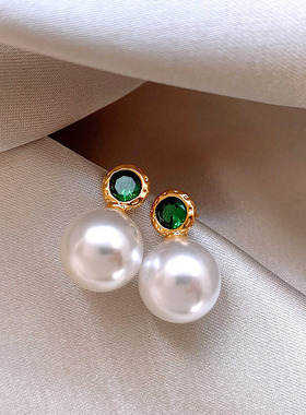 Loga Py 绿色镶钻复古气质珍珠耳钉女小众设计感耳饰新款耳环银针