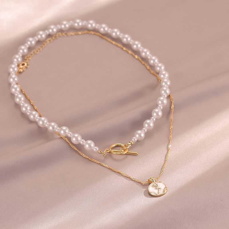 双层珍珠法式玫瑰气质锁骨链