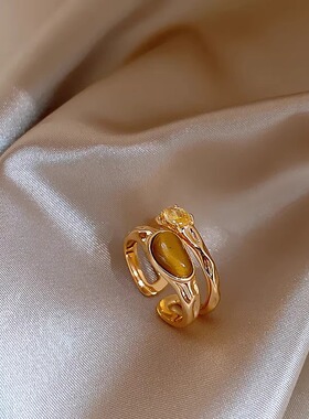 Loga.Py 美拉德虎眼石中古戒指女设计感小众双层复古金色偏财尾戒