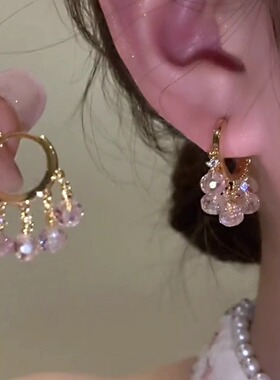 Loga.Py 流行粉色水晶耳扣耳环耳饰气质名媛圆脸显瘦女设计感百搭