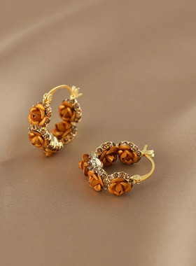 Loga.Py 香槟金色玫瑰花耳扣女小众复古新中式耳环网红同款耳圈秋