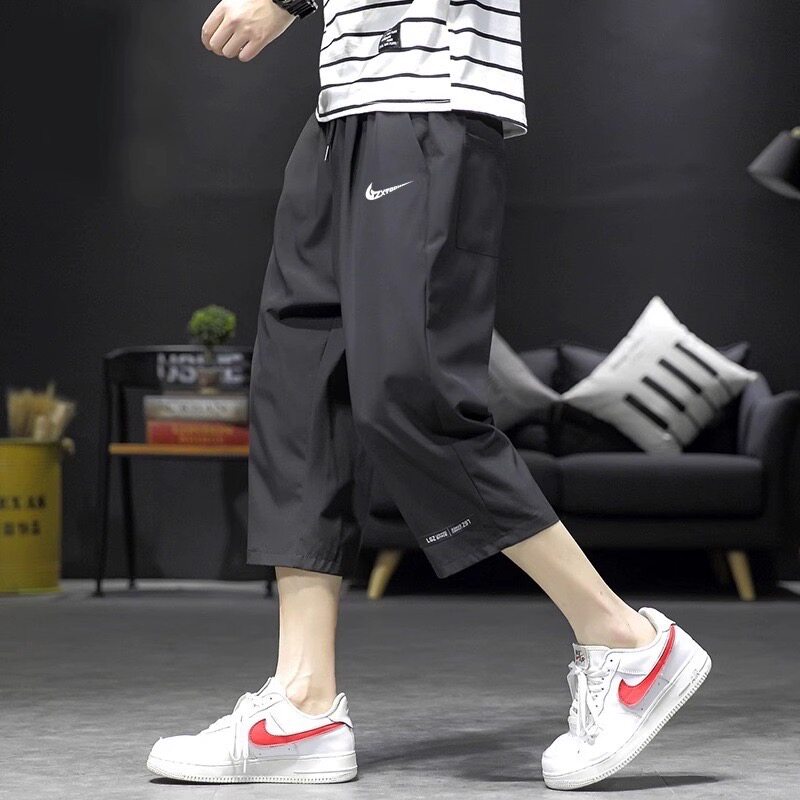 官方正品纯色七分裤男士夏季韩版束脚7分裤过膝短裤运动中裤子男